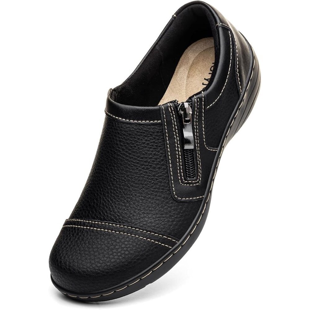 〽️Women's Comfortable And Lightweight Black Leather Loafer Casual Zipper Closure